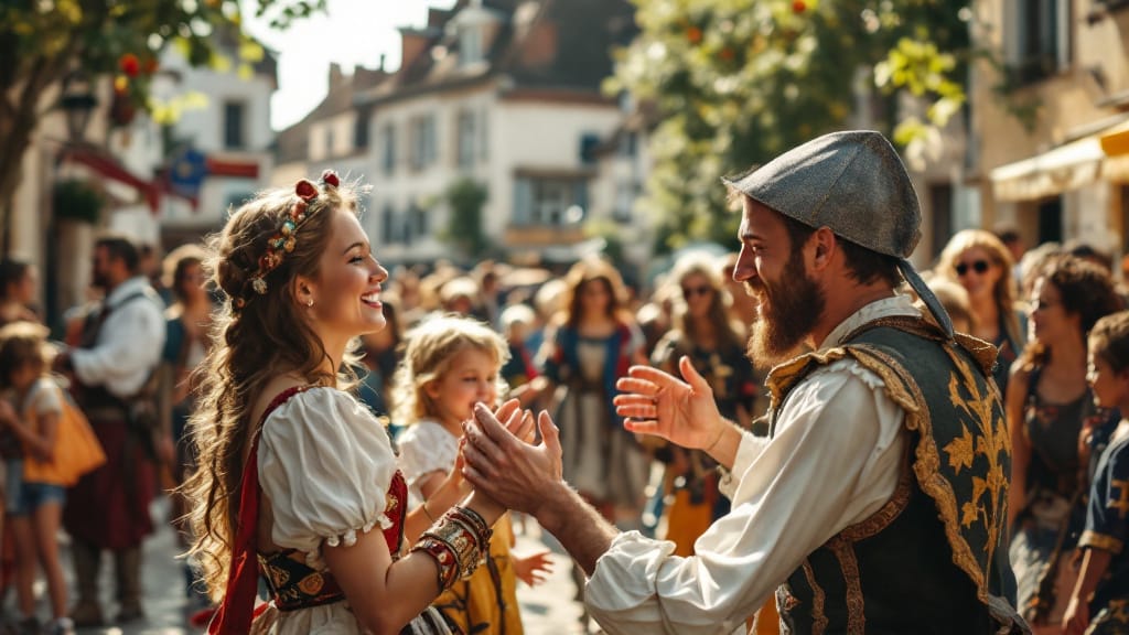 Reconstituteurs médiévaux dansant à la 40e Fête Médiévale de Provins, entourés d'une foule joyeuse